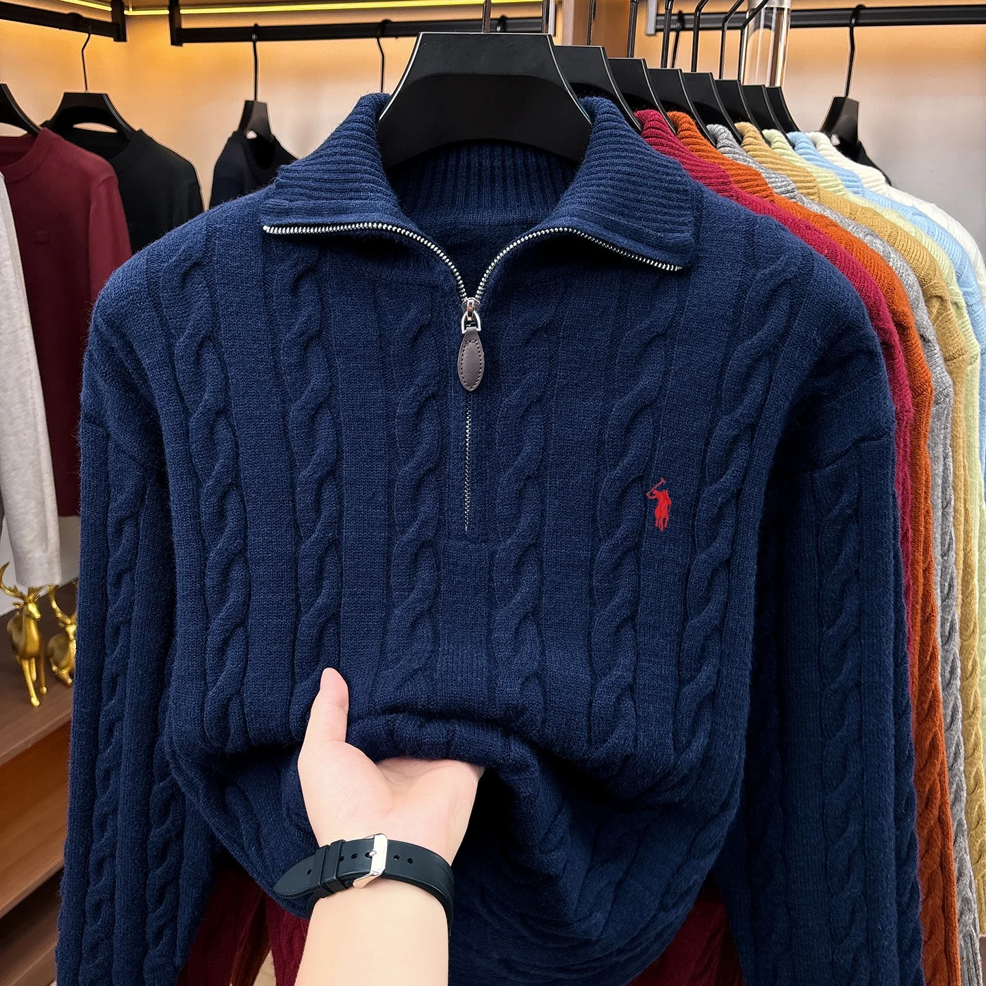 Herbst Winter Neuer Pullover Klassische Mode Jacquard Herren Retro Reißverschluss Stehkragen Luxus Paul Pony Stickerei Lässiger Strickpullover – Detail 28