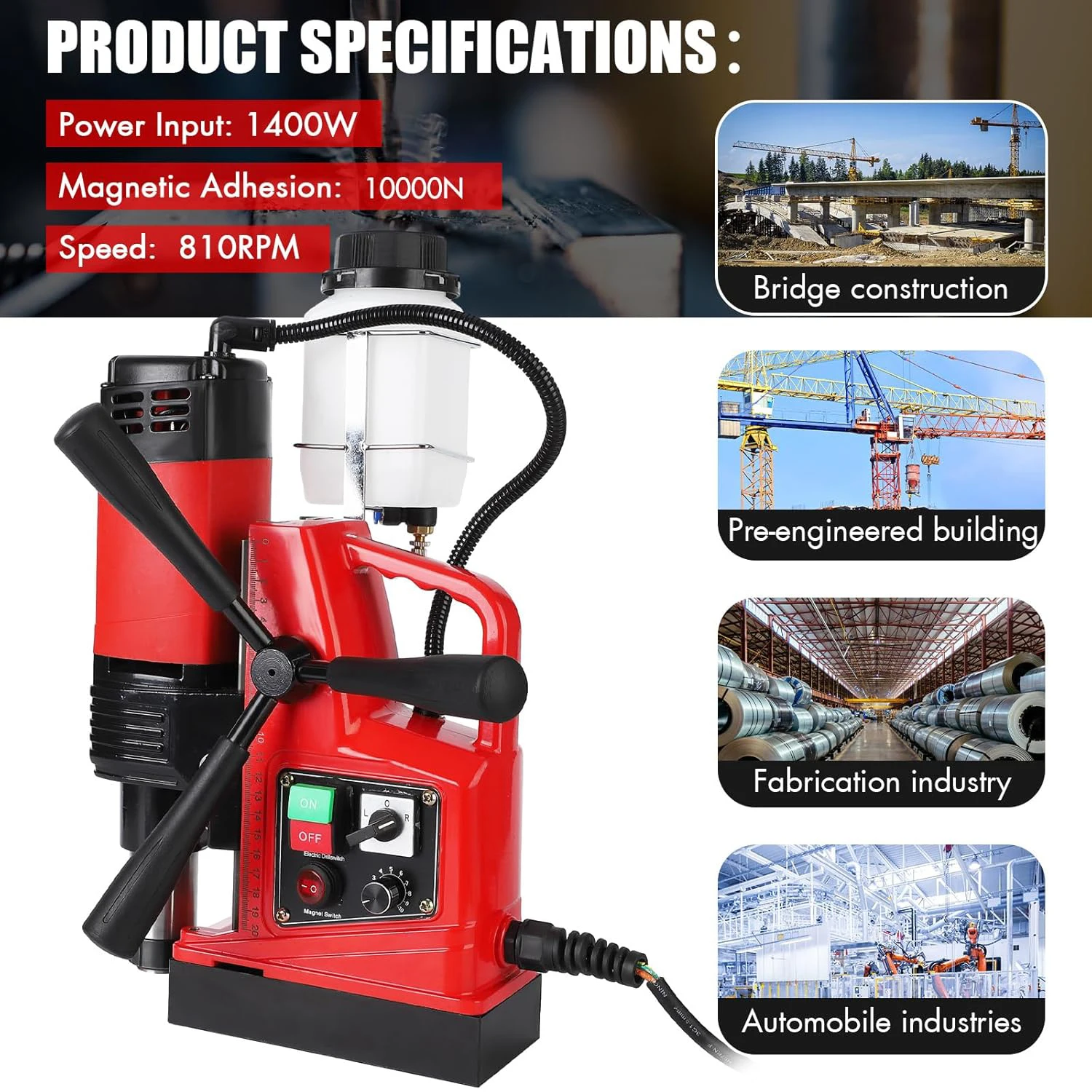 1400W Magnetic Drill Press, 810 RPM 10-Speed Reversible Tapping Mag Drill Press With 6 Drill Bits, Portable Drilling Machine