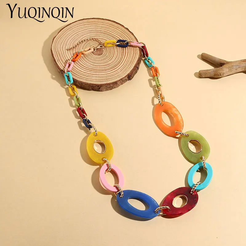 Trendy Large Colorful Resin Chain Necklace For Women Long Round Exaggerated Pendant Necklace Female Bohemia Accessories Vintage