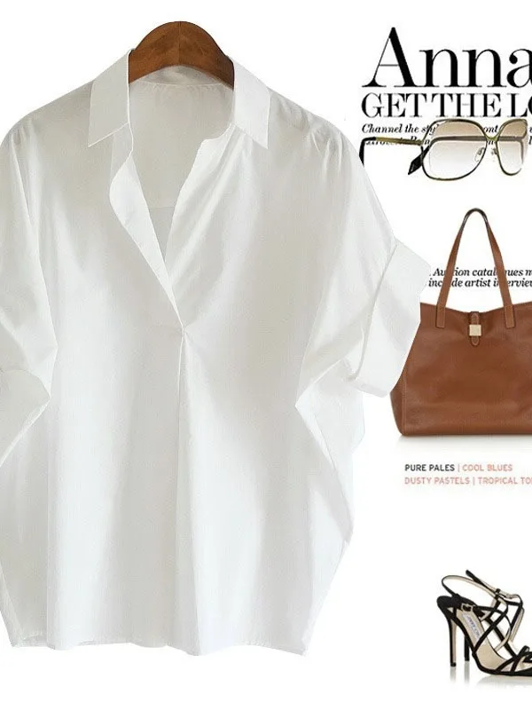 

Elegant Loose Short Sleeve V-Neck Shirt Women's High-End Fashion Sun Protection Clothing Commute Style Straight Cut Type