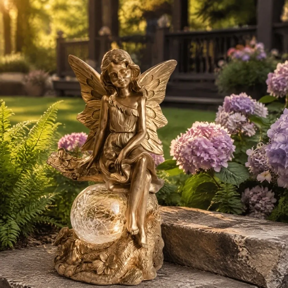 Decorative Piece Solar Powered Resin Statue Premium Resin Sturdy Solar Angel Soft Light Lovely Garden Statue Outdoor Garden