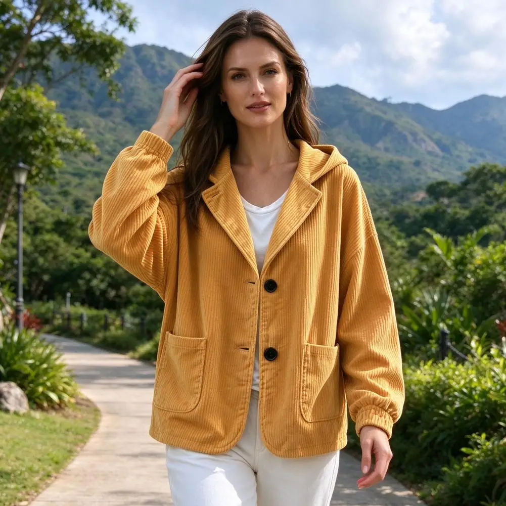 Women Corduroy Jacket Autumn Winter Casual Coat, Hoolded Long Sleeve Jacket, Loose Fit Vertical Corduroy Outerwear with Pockets