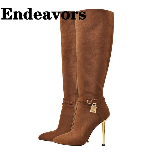 

2023 Newest Design Winter Boots for Women Padlock Key Soft Suede Sexy Pointed Toe Stiletto Heels Knee High Woman Boots Shoes