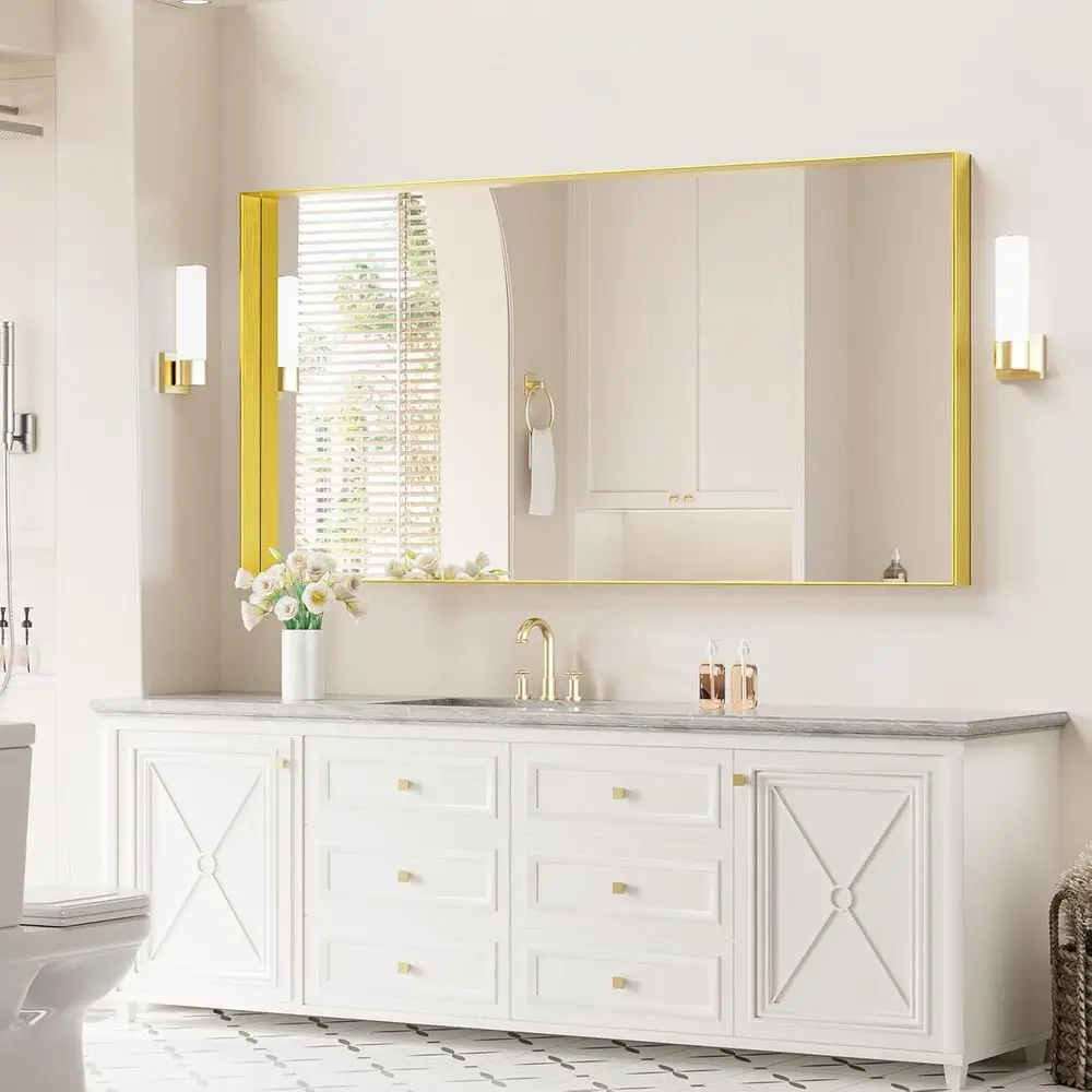 

30x60 Inch Metal ed Bathroom Mirror or Wall, Gold RecVanity Mirror with Anti-Rust, Shatterproo Tempered Glass, Horizontal/Veal