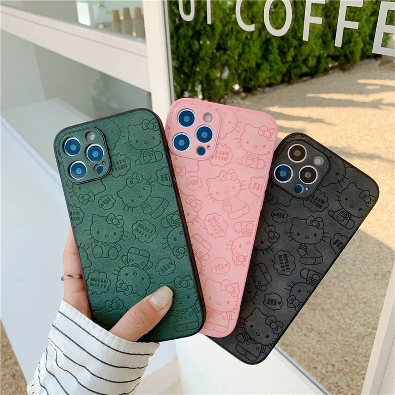 Hello Kitty Cartoon Phone Cases for IPhone 14 13 12 11 Pro Max XR XS MAX 8 X 7 SE 2022 Imitation Leather Kawaii Phone Back Cover