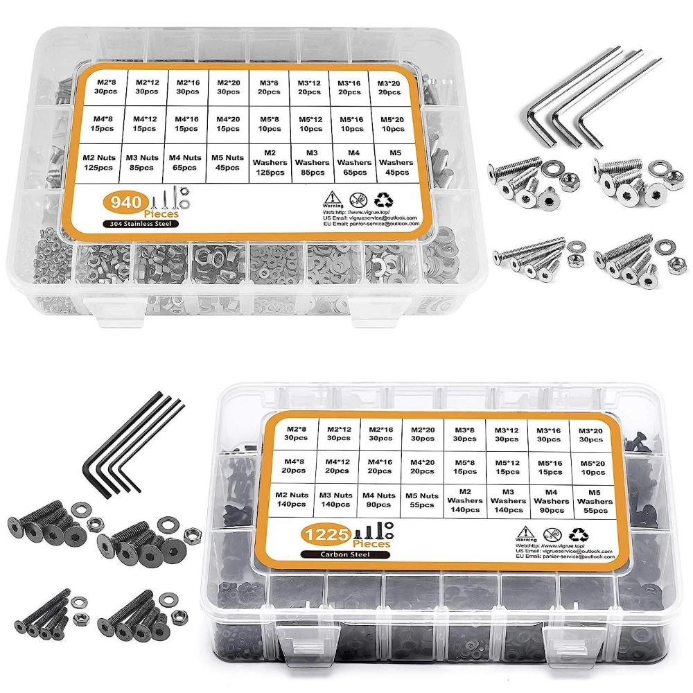 

304 Stainless Steel Countersunk Hexagon Socket Screws with Flat Washer Nuts Set 1225/940pcs Flat Cup Screws Hardware Fasteners