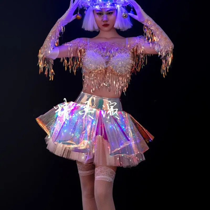 Bar Nightclub Party Show Singer Dancer Team Performance Costume Christmas Festival Clothing Sequin Tassel Top Laser Skirt Outfit