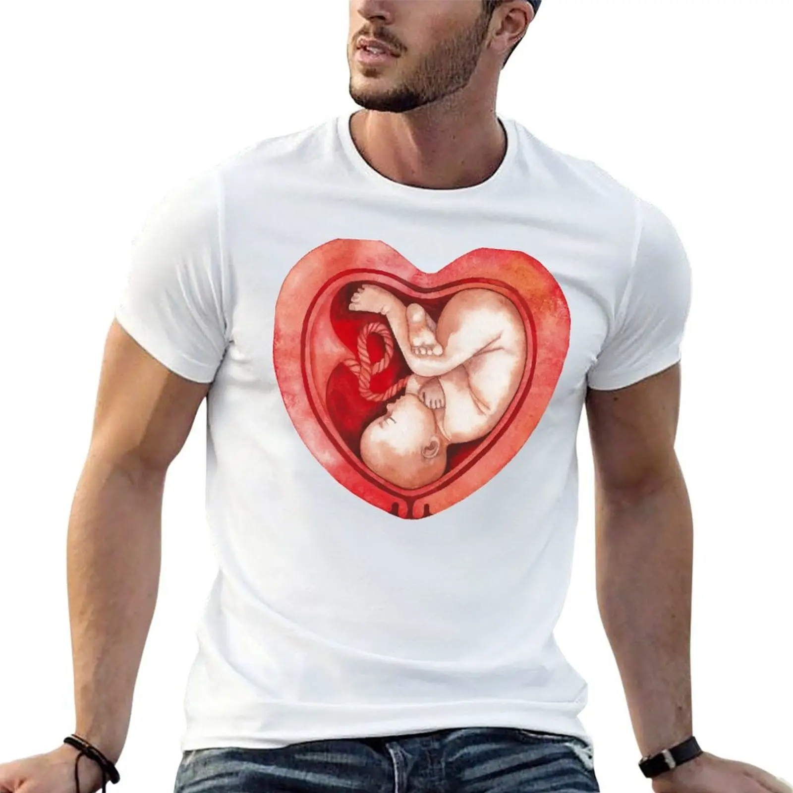 Watercolor fetus inside the heart shaped womb T-Shirt anime stuff Blouse mens designer clothes