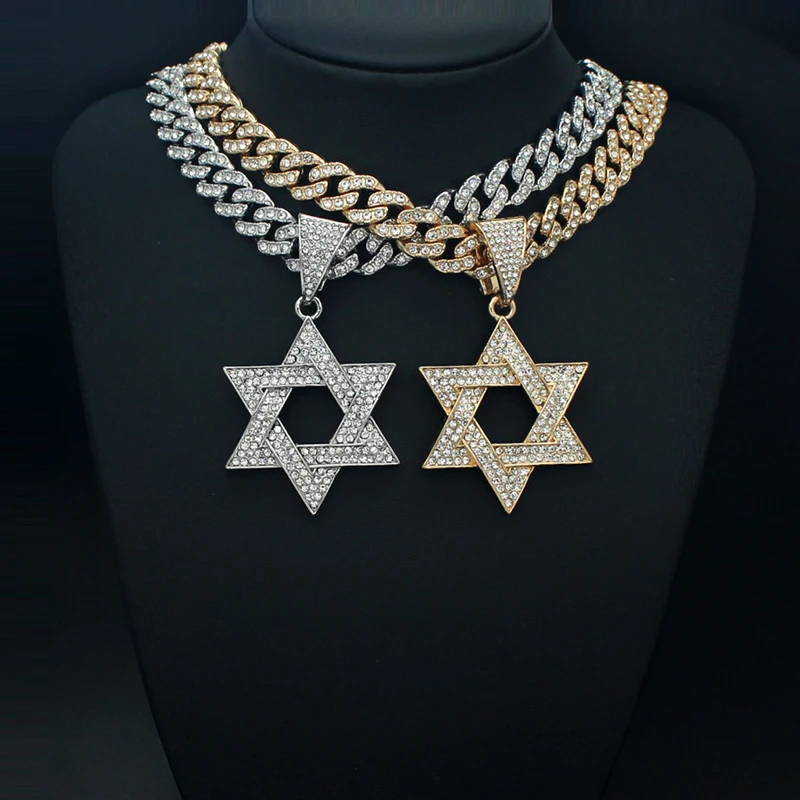 Fashion Star of David Pendant Necklace Women Men Hip Hop Tennis Cuban Chain Necklaces Classic Six-pointed Star Jewish Jewelry
