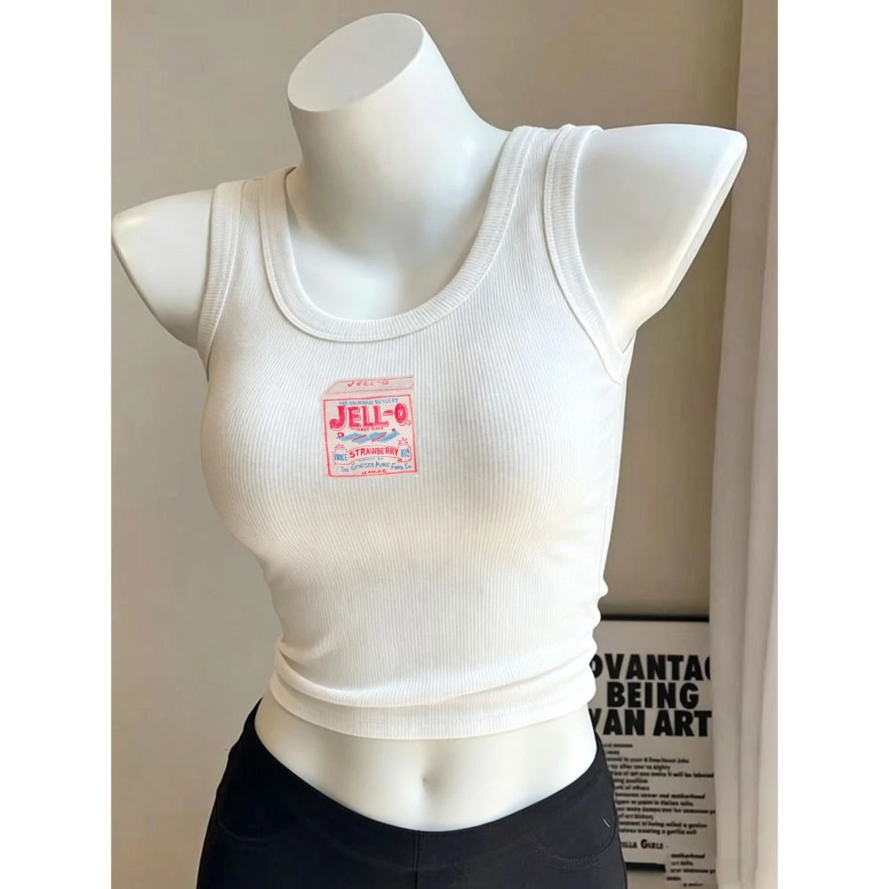 JELL-O Jelly Vintage Package Letter Print Y2K Camisole Ribbed Tank Top Slim Fit Crop Top Sleeveless Crew Neck Cropped Cami Vest