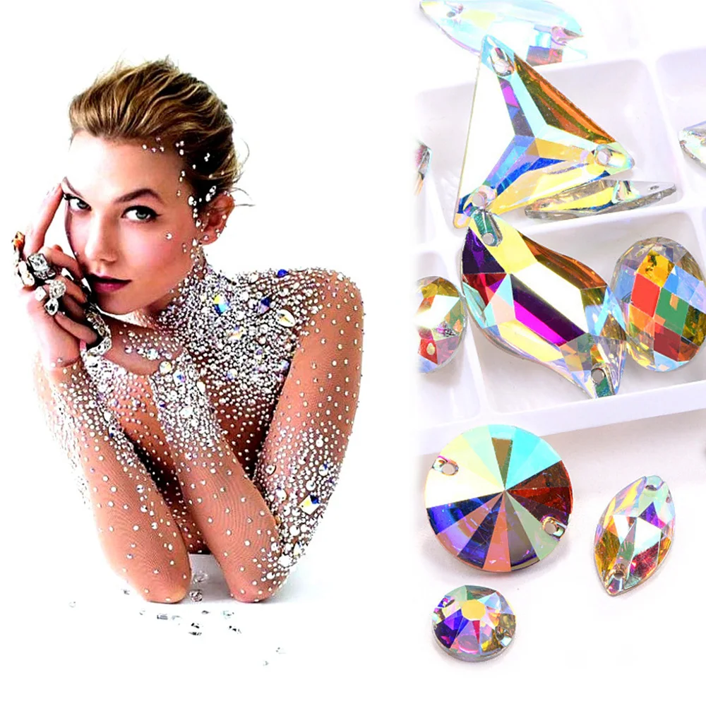 50 Stück gemischte CrystalAB-Nähsteine, flache Glasperlen, glänzende Kristalle, Strass-Steine, Hochzeitskleid-Dekoration, Edelsteine, Bastelbedarf – Detail 5