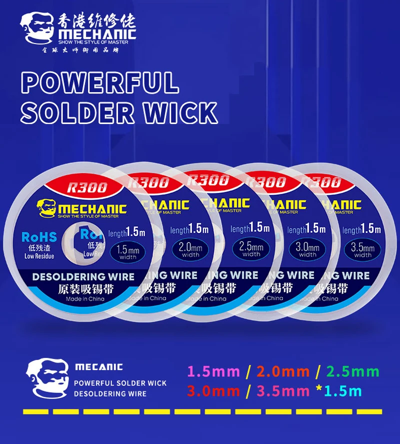 MECHANIC-Solder Wick Remover, Desoldering Wire, Braid BGA, R300, 1.0mm, 1.5mm, 2.0mm, 2.5mm, 3.0mm, 3.5mm, 4.0mm, 1.5m