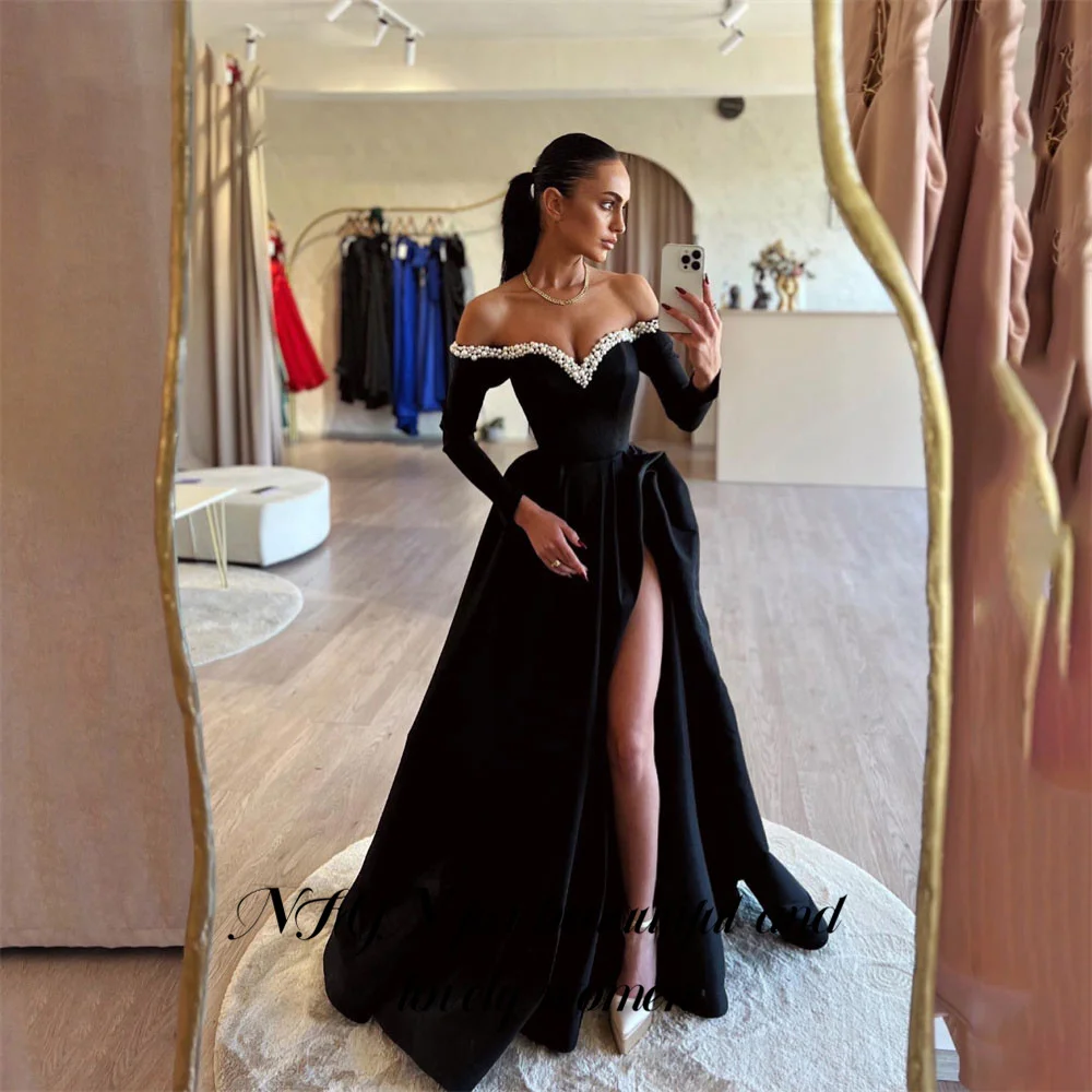 NFYN Elegant Black Prom Dresses A-Line Satin Evening Dresses Off The Shoulder Beading On Chest Night Dress Side Split Customized