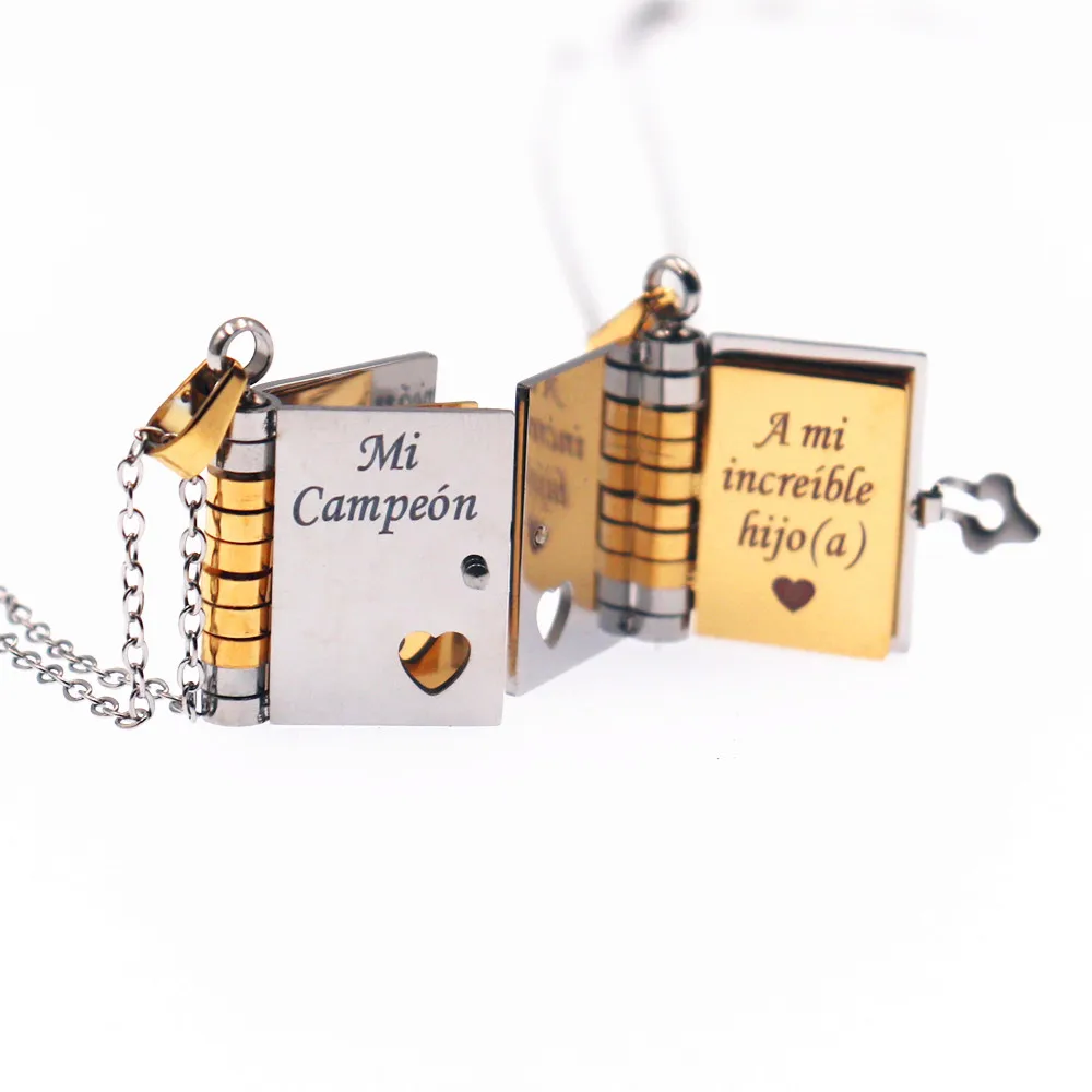 Spanish Mi Pequeña Estrella Book Necklace for Daughter Engraved 6 Pages Openable Book Mi Campeón Son Necklaces Women Men Jewelry