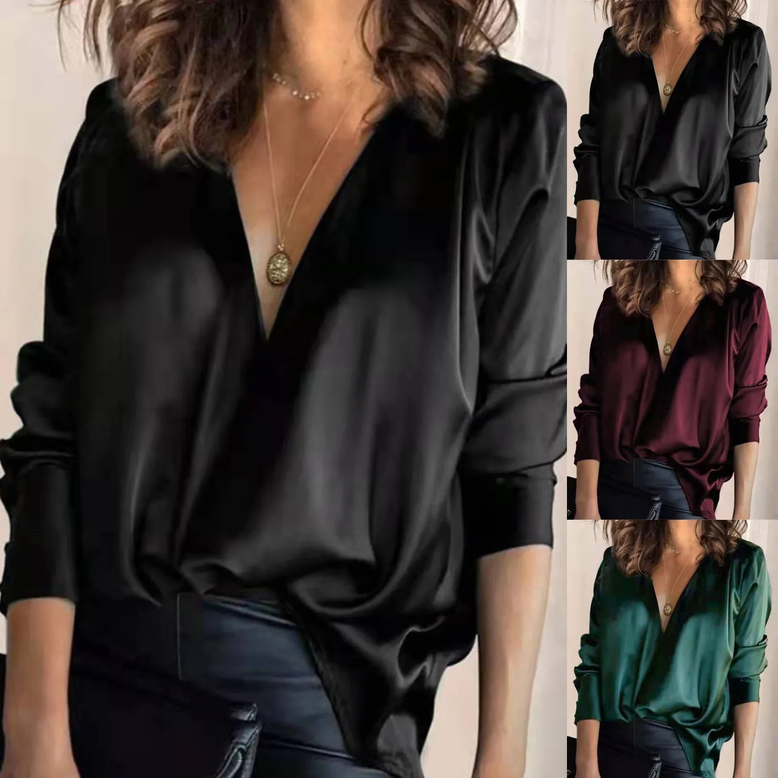 2024 Summer Satin Silk V Neck Shirt Green Women Slim Blouse Elegant Long Sleeve Wrap Blouses Fashion Solid Satin Blouse New Top