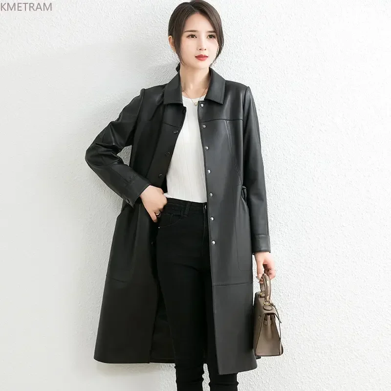 Veste élégante en cuir véritable pour femme, manteau en peau de mouton véritable, coupe-vent mi-long, mince, SGG, 2024