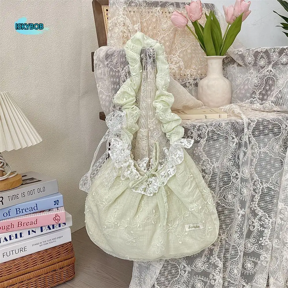

Elegant Sweet Fresh Lace Handbag Pastoral Style Bowknot Floral Pleated Shoulder Bag Underarm Bag Cloth Dumpling Bag Shopping