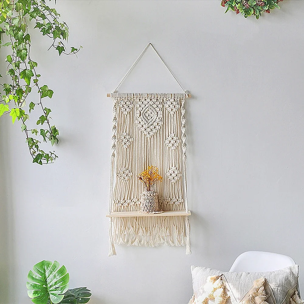 Macrame Wall Hanging Shelf Tassel Wood Decor Woven Wall Hanging Board Shelves for Home Decor Bedroom Living Room Cake Stand