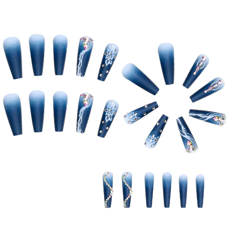 Mittellange künstliche Nagelspitzen mit 3D-Herz-Blumen-Design, Farbverlauf Lila-Rot, französische quadratische Ballett-Spitzen, Press-On-Set für künstliche Nagelkunst – Detail 20