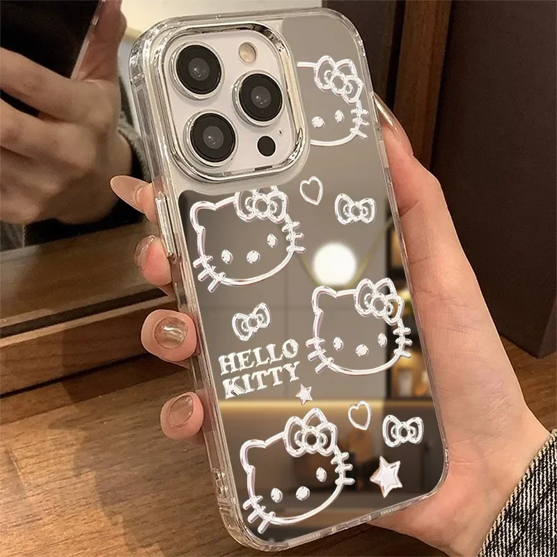 Silver Line Full Screen HELLO Kitty Makeup Mirror Phone Case For iPhone 16 15 14 13 12 11 Pro Max XR XS MAX 7 8 PLUS Y2K Cover