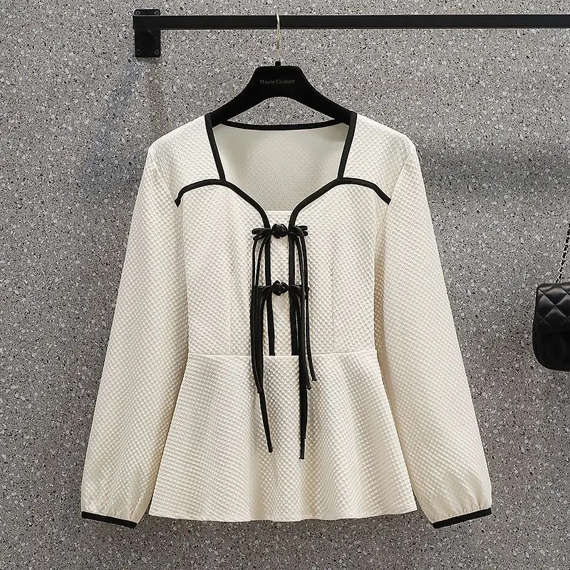 Elegant Long Sleeve Contrast Loose Tops Tees Women Clothing New Spring Autumn All-match Pleated Vintage T Shirts Fashion Casual