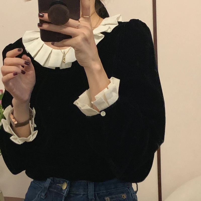 

French Retro Ruffled Shirt for Women Autumn and Winter Poplin Splicing Long-sleeved Pleated Design Back Single-breasted Top