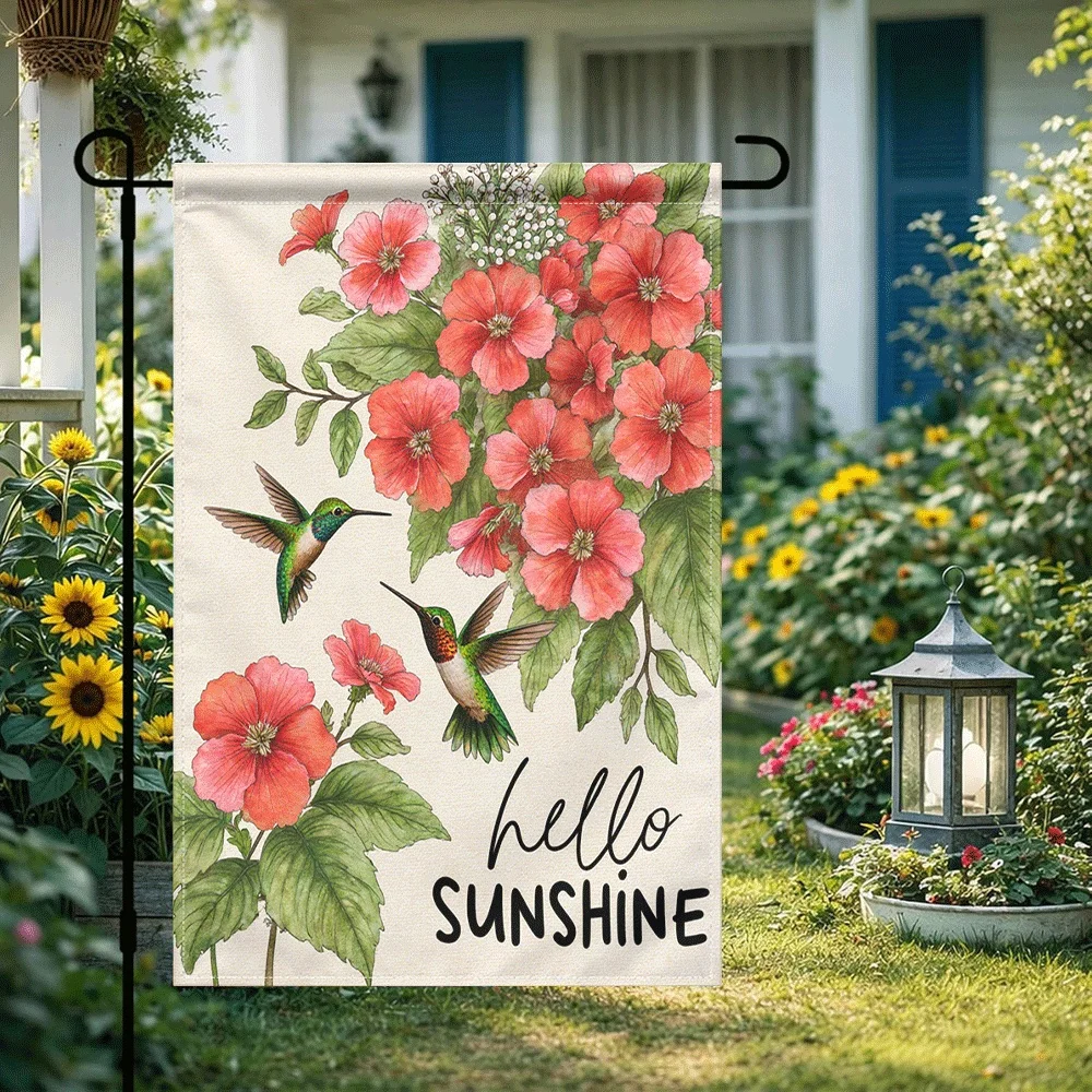 

1PC Hello Sunshine Hummingbird & Red Floral Garden Flag Spring Summer Outdoor Decorative Yard Flag Double Sided