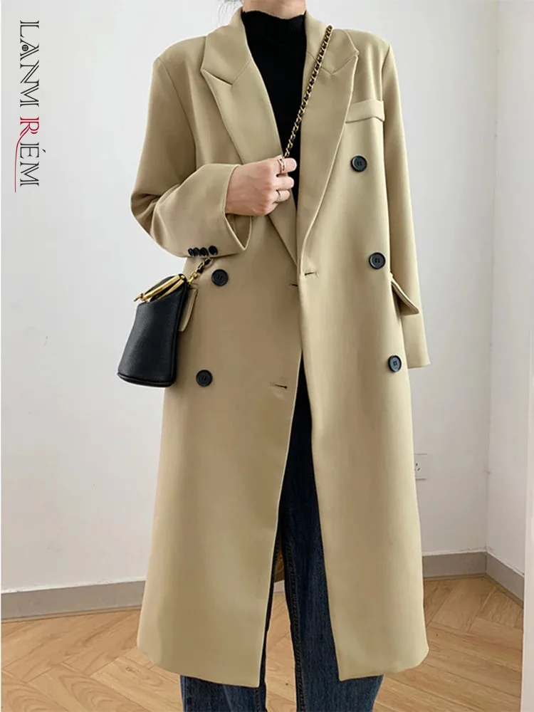 

[LANMREM] Office Lady Long Blazers For Women Solid Notched Double Breasted Fashion Female Jackets 2024 Autumn New 26D9944