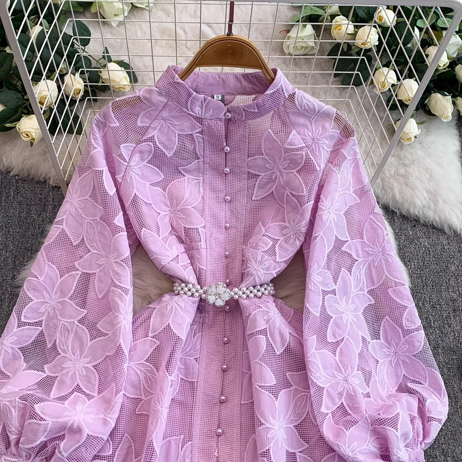 فستان نسائي خريفي عتيق مطرز أنيق بصدر واحد ميدي على شكل حرف A من الدانتيل فستان مكتب سيدة للحفلات الراقصة المسائية مع حزام