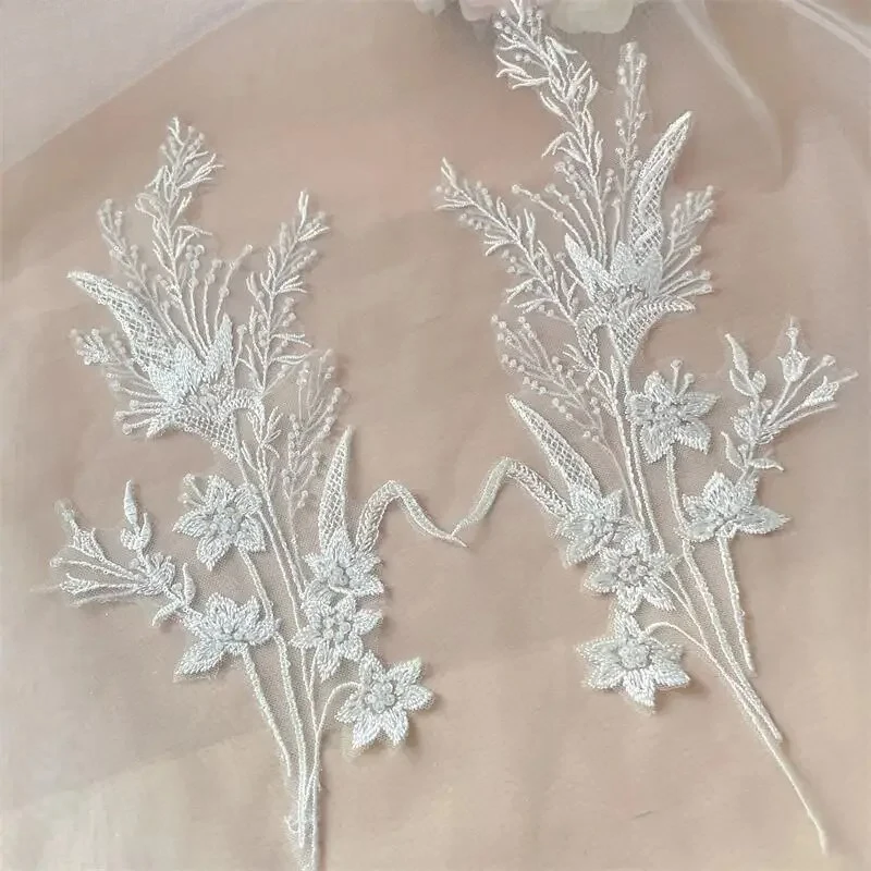 

10PCS /5Pair. White Beaded Lace Mirror Flowers.Flower Leaves Embroidery Wedding Dress Headdress.DIY Sewing Supplies Patch