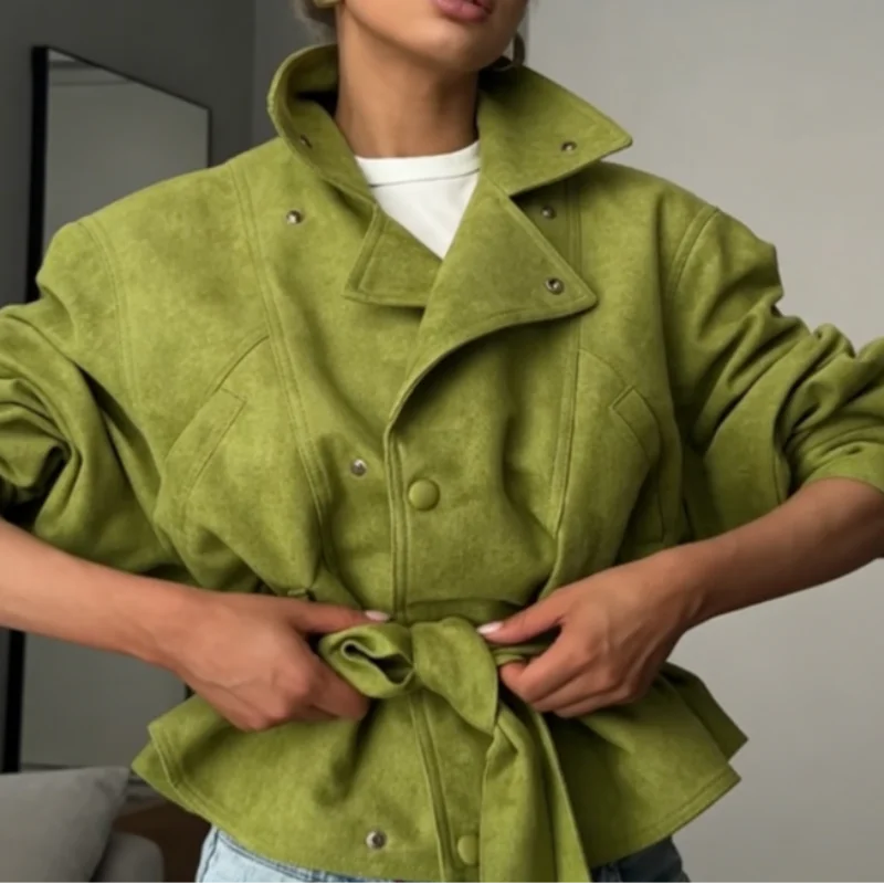 Avocado Green Lapel Jacket For Women Long Sleeve Single Breasted Solid Trench Coat 2026 New Lady Spring Autumn Streetwears