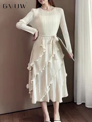 GVUW Pleated Fungus Dress Women A Line Round Collar Full Sleeve Solid Color Lace-up Birthday Party New 2024 Dresses 17G8478