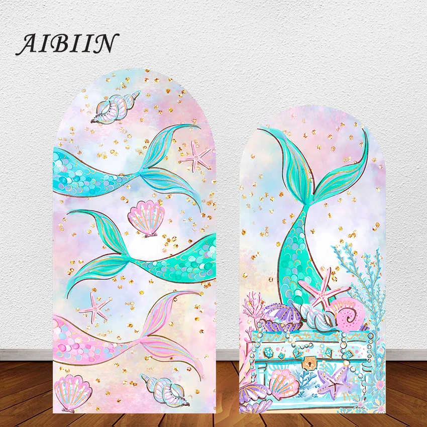 

AIBIIN Mermaid Theme Backdrop Arch Doubleside Cover Backdrop Birthday Undersea Shells Photography Background Decoration