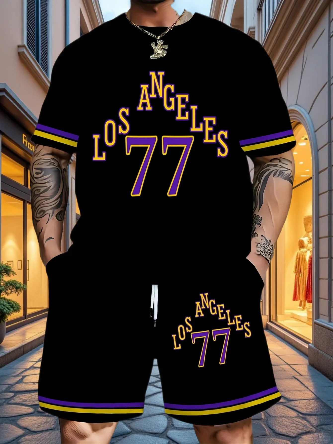 

25/26 New Summer Set Men's T-shirt Trendy Men's Street 77 Printed Round Neck Men's Set Fashionable Handsome Sports Two Piece Set