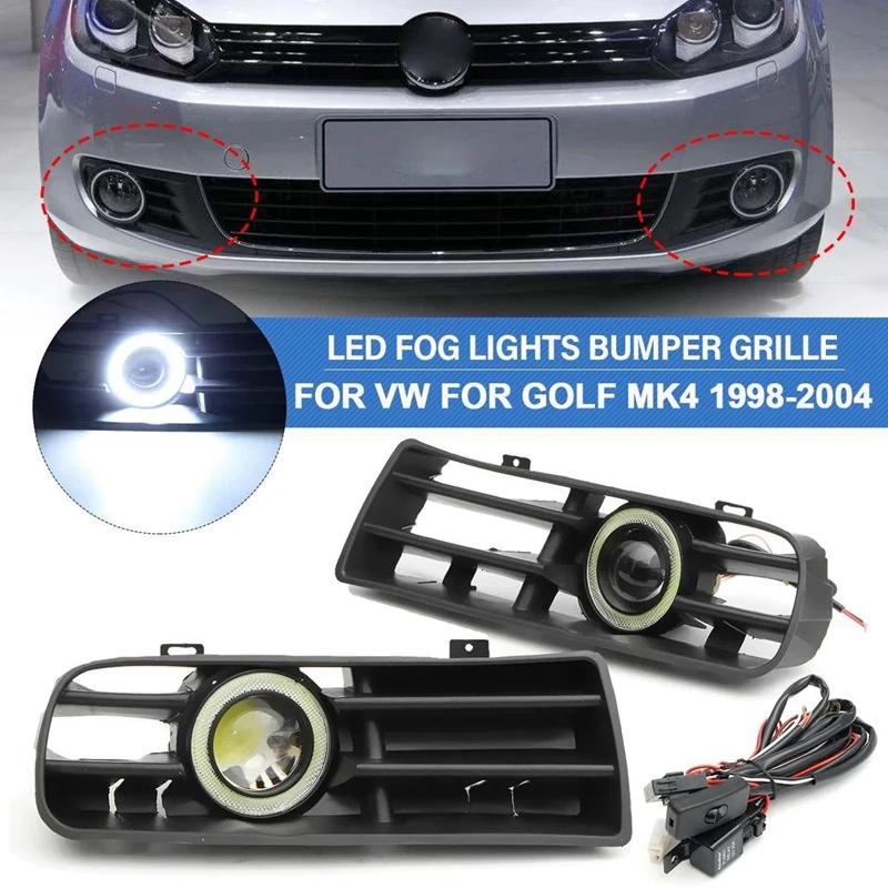 

1Pair LED Fog Lights Angel Eyes Lamp Car Front Bumper Grille Grill Cover With Wire Kit For Golf MK4 1998-2004