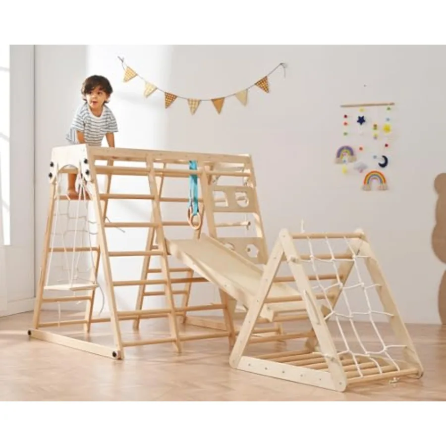 

12-in-1 Foldable Toddler Playground Set with Slide Rock/Net Monkey Bars Drawing Board Swing and Pickler Set in Bright Colors fo