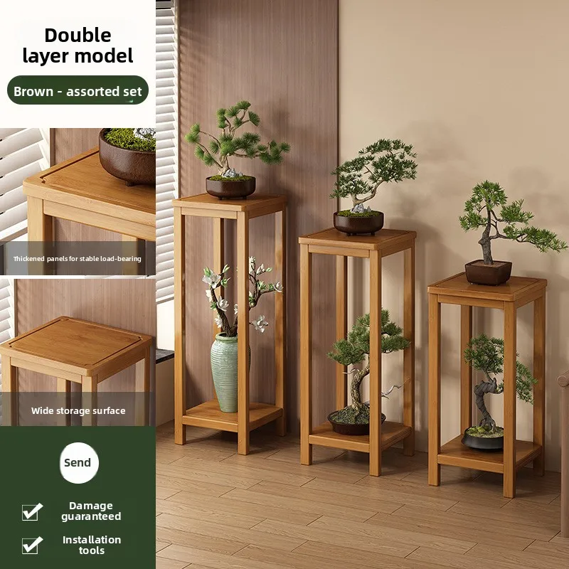 Indoor bamboo plant rack, multi-layer flowerpot storage rack, moisture-proof and durable living room balcony storage rack