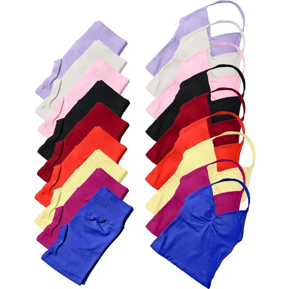 Terno de fitness de impacto de 2 peças feminino halter colete cintura alta sem costura shorts terno de fitness roupas esportivas terno de treino