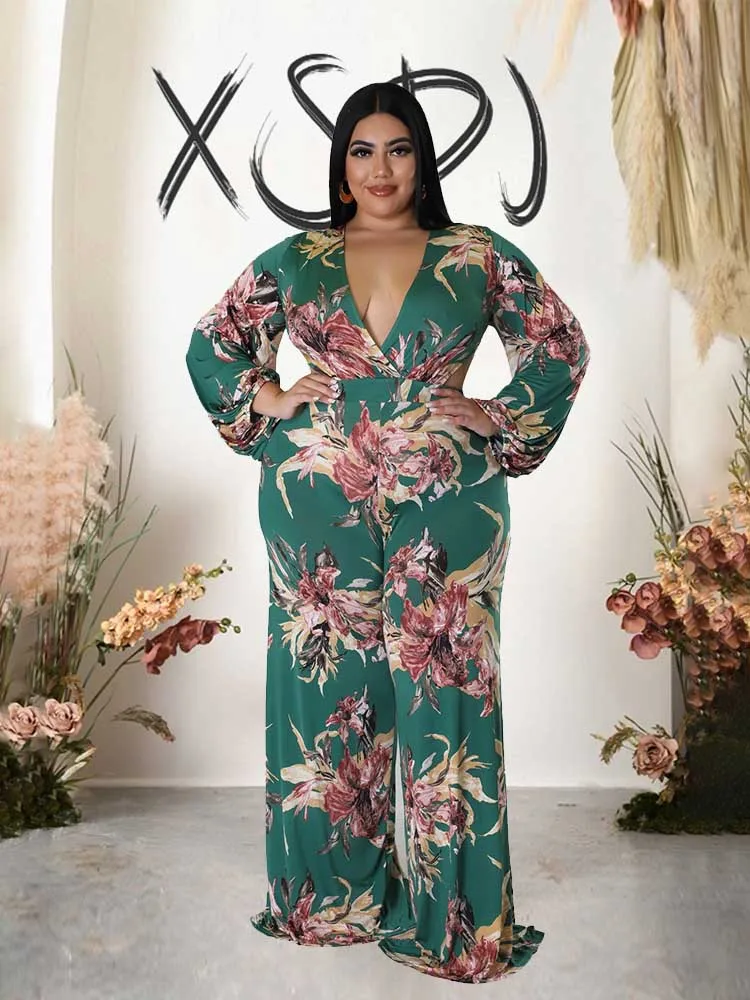 Plus Size Women Clothing 2xl 3xl 4xl One Piece Jumpsuit Long Sleeve Vintage Print Ladies Elegant Overalls Fall Outting Jumpsuit