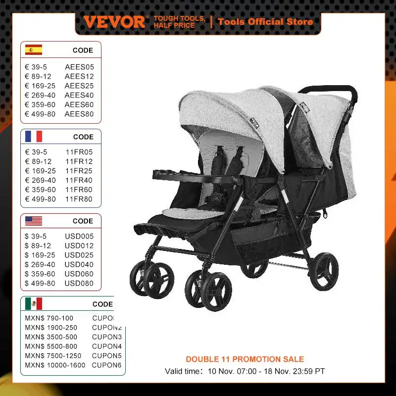 VEVOR Double Stroller Foldable Lightweight Twin Stroller with Tandem Seating Storage Basket & Tray for Newborn(Light Gray Black)