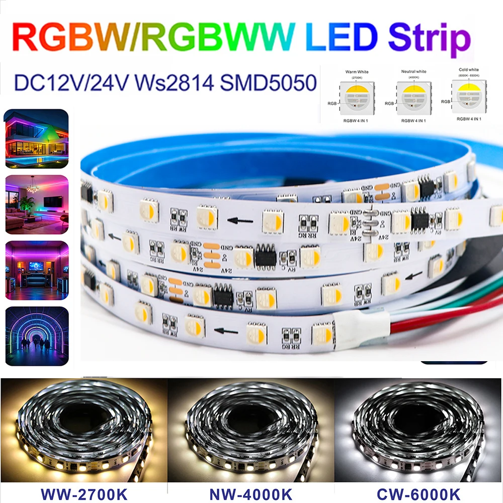 WS2814 RGBCW RGBWW LED Strip Light DC12V 24V 4in1 SMD5050 Group Addressable Similar SK6812 WS2811 IP30 IP65 IP67 Home Cabinet De