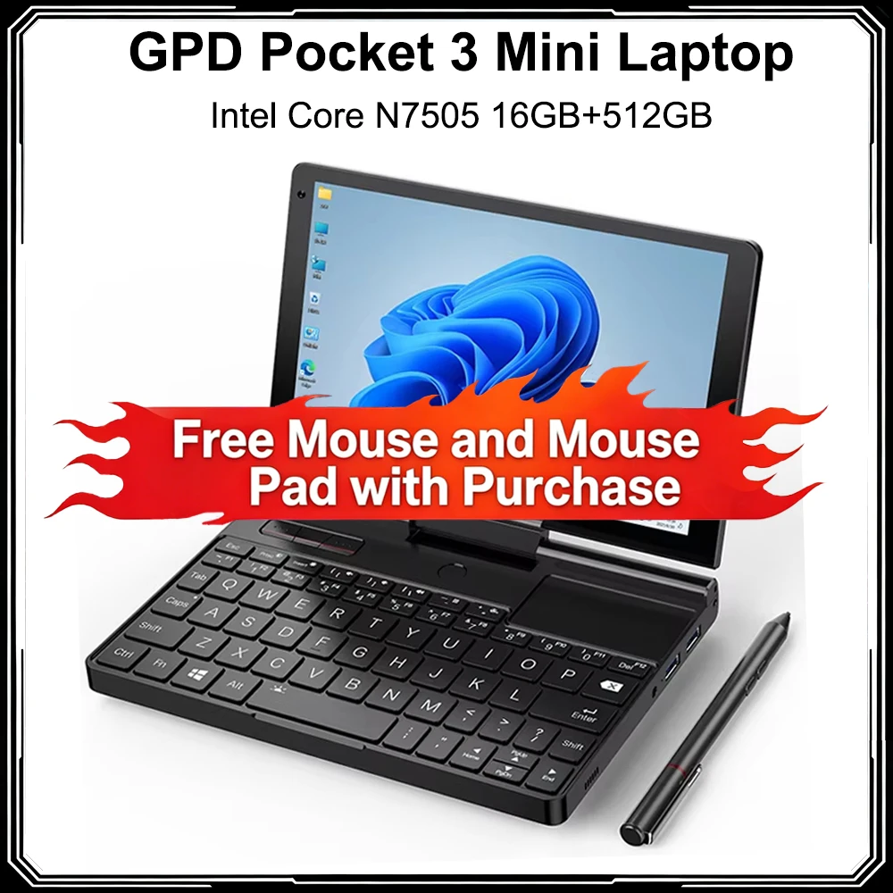 GPD Pocket 3 Mini Laptop Intel Core 7505 16GB DDR4 512GB SSD Modular Full-Featured Handheld Notebook 8 Inches Touch Panel Screen