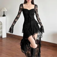 Goth Dark Fairycore Lace Flare Sleeve Square Neck A-line Dress Sweet E-girl Irregular Long Hem Dresses Cyber Y2K Party Vestido - Image 4