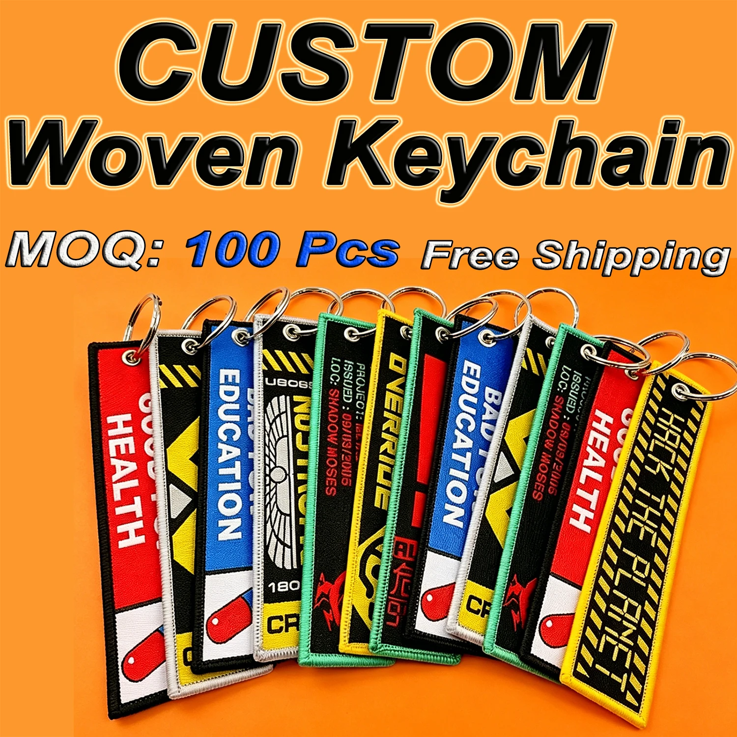 Wholesale Custom Logo Woven Keychain 100Pcs MOQ Free Shipping Personalized Text/Pattern Embroidery Key Tags for Gifts
