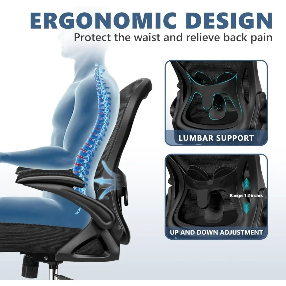 Silla ergonómica de malla para oficina, asiento de escritorio para el hogar, soporte Lumbar ajustable, con reposabrazos abatible hacia arriba