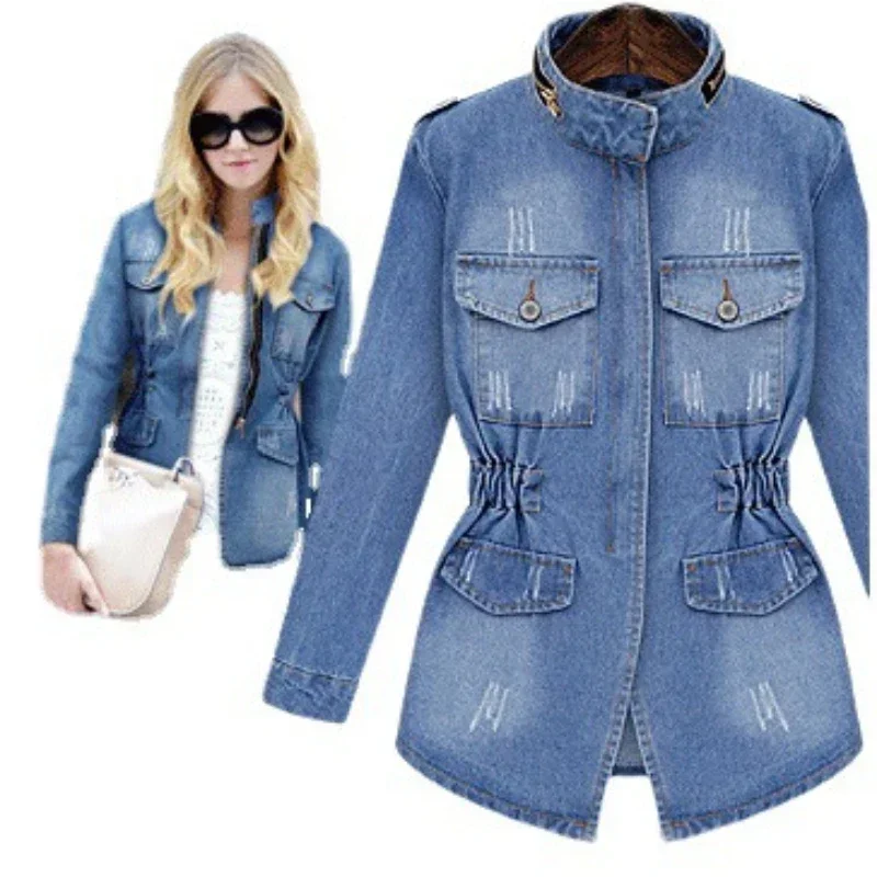 

Women Denim Coats Stand Collar Full Sleeve Zipper Jacket Casual Splice Simple Coat Tight Waist Autumn Winter Open Stitch