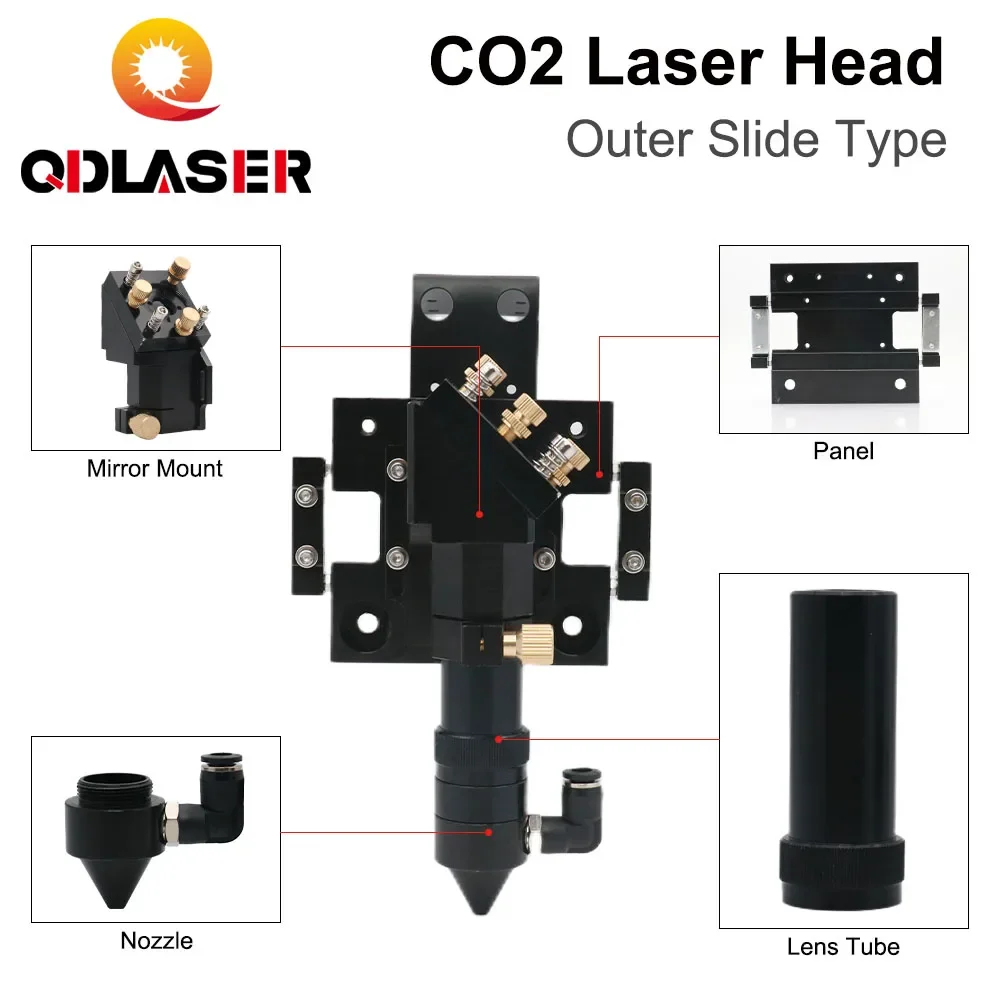 QDLASER New CO2 Laser Head for Dia.20mm FL 50.8/63.5mm Lens D25mm Mirror Outer Slider Type with Air Assist Nozzle