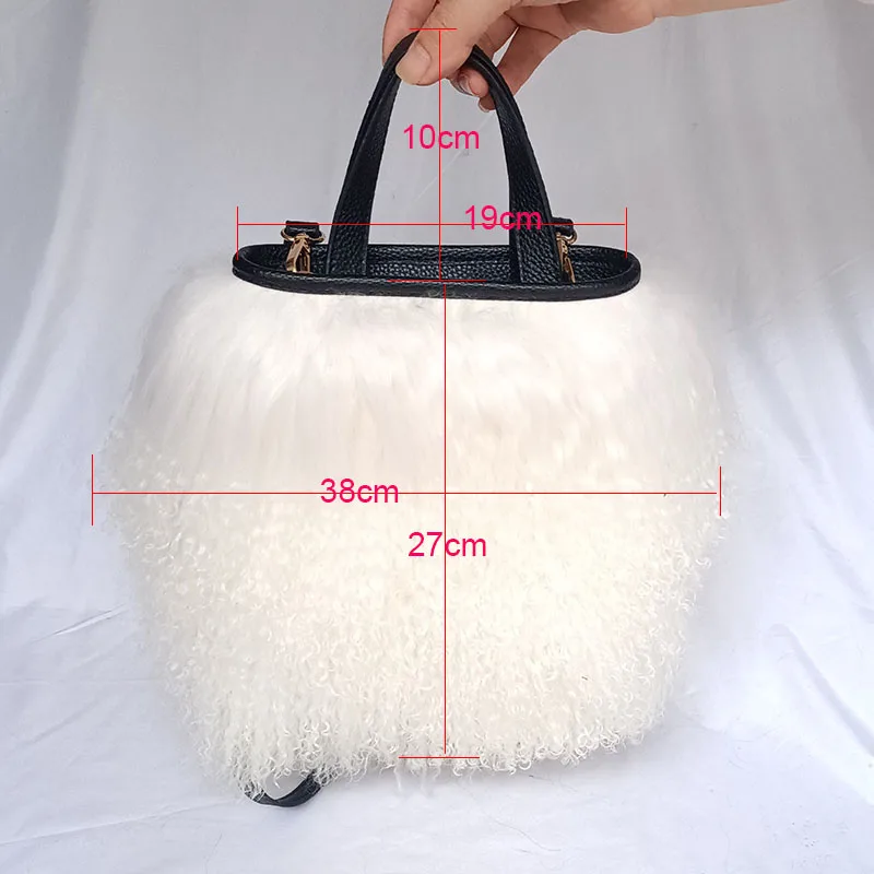 2023 Women Real Mongolia Lamb Fur Bag Natural Sheep Fur Handbag With Long Belt Real Lamb Fur Handle Bag