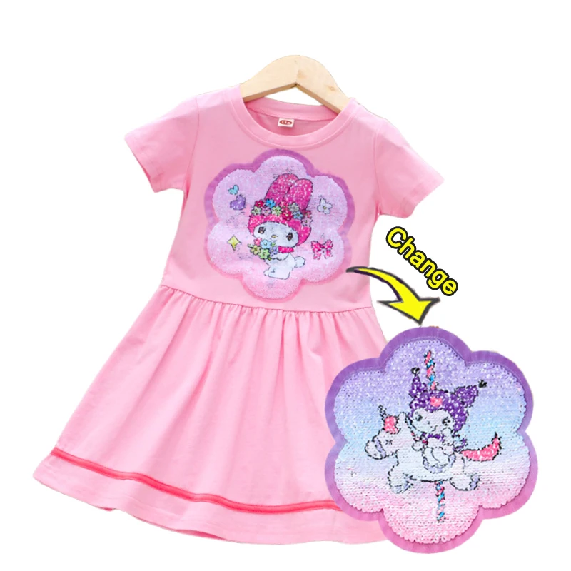 2024 New Sanrio Kuromi MyMelody Cinnamoroll Dress For Girls Summer Kids Color Changing Sequins Short Sleeved Princess Dresses