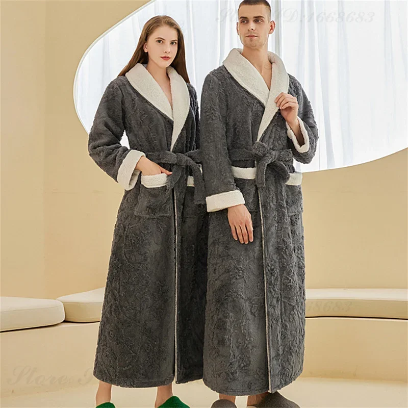 Thick Flannel Robe Kimono Bathrobe Gown Autumn Winter Luxury Sleepwear Loose Casual Couple Home Clothes Coral Fleece Lounge Wear